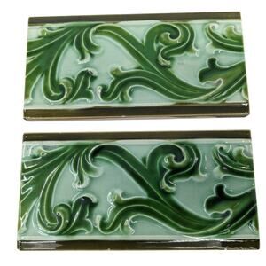 Pair Lot 2 Antique 1900's Belgium HELMAN MAJOLICA TILES Leaves Scroll Border 3x6